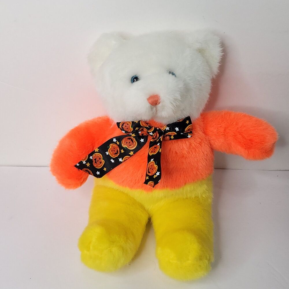 Candy Corn Sugar Loaf White Teddy Bear Halloween Bow Tie Orange Yellow Plush 14"